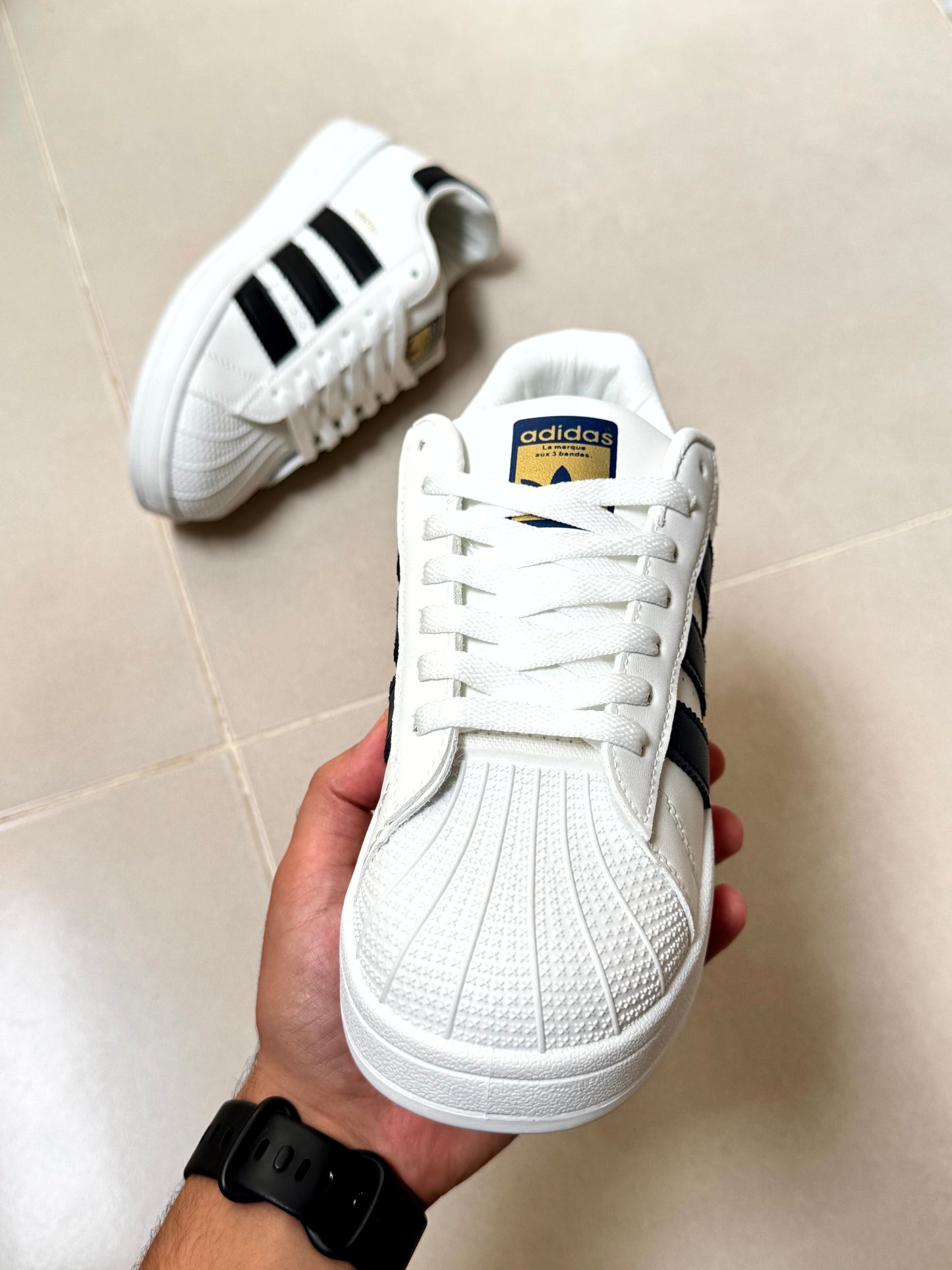 Adidas superstar blanche trois bandes bleu